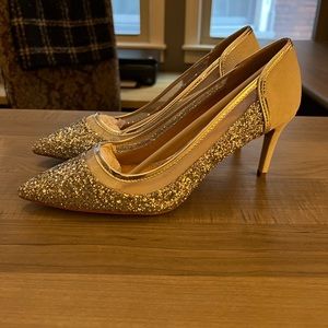 Silver sequin and suede heels